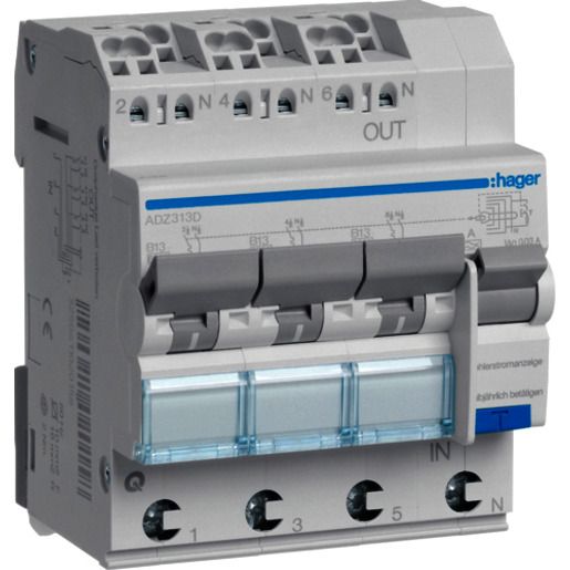 Hager FI-LS 3X 1P+N 6KA B-13A 30MA A / HAGER ADZ313D