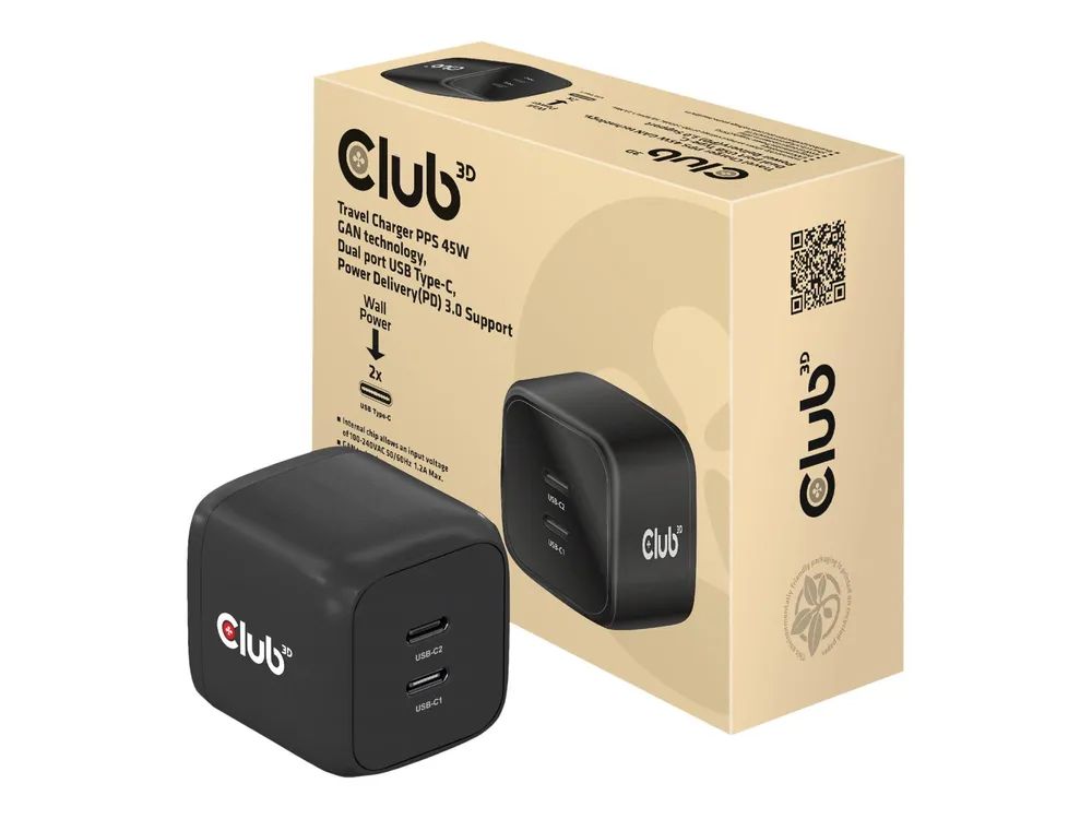Club 3D CAC-1909 - Netzteil - PPS- und GaN-Technologie - 45 Watt - 3 A - PD 3.0 - 2 Ausgabeanschlussstellen (2 x USB-C)
