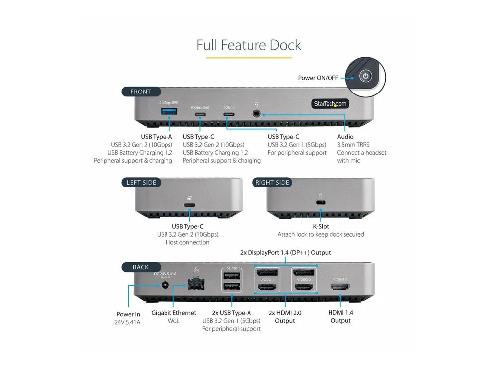 StarTech.com USB-C Triple Monitor Docking Station - HDMI/DP Triple 4k USB-C Dock - 5x USB Hub - GbE - 100W PD - Universal Multi Monitor Docking Station - Thunderbolt 3/4 Compatible (116E-USBC-DOCK)