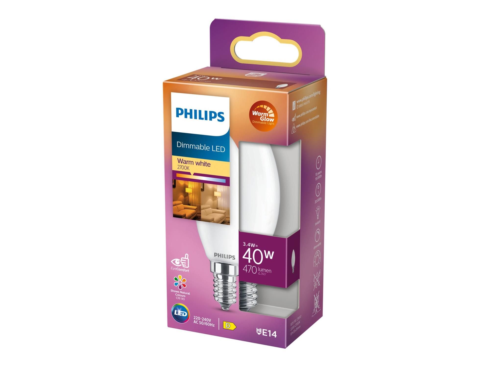 Philips LED-Lampe - Form: B35 - matt Finish - E14 - 3.4 W (Entsprechung 40 W)