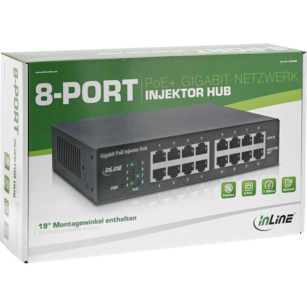 InLine PoE+ Gigabit Netzwerk Injektor Hub 8 Port (8x PoE+) - 1Gb/s - 19" 1HE