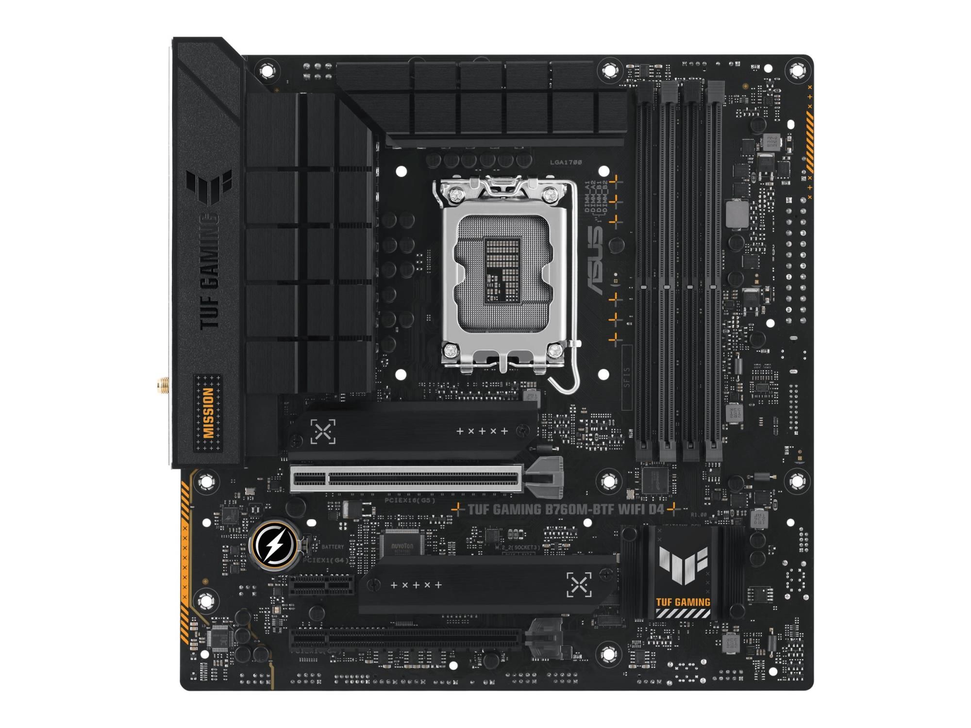 ASUS TUF GAMING B760M-BTF WIFI D4 - Motherboard - micro ATX - LGA1700-Sockel - B760 Chipsatz - USB-C 3.2 Gen 2x2, USB-C 3.2 Gen2, USB-C 3.2 Gen 1, USB 3.2 Gen 2, USB 3.2 Gen 1 - 2.5 Gigabit LAN, Wi-Fi 6, Bluetooth - Onboard-Grafik (CPU erforderlich)