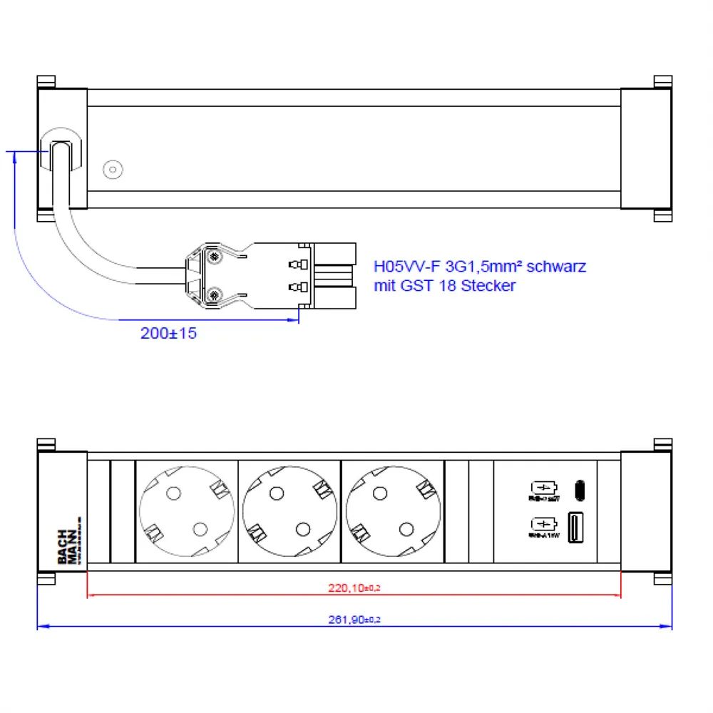 BACHMANN POWER FRAME M 3xCEE7/3, USB A&C 22W Charger 0,2m GST18