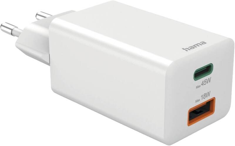 Hama Schnellladegerät, 1x USB-C, 1x USB-A, Mini-Ladegerät, PD, 45 W, Weiß