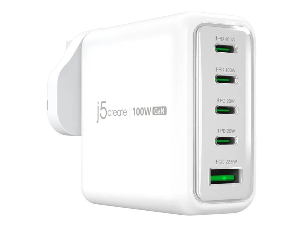 j5create JUP53100 - Netzteil - GaN - 100 Watt - 5 A - QC 3.0, Power Delivery 3.0 + PPS - 5 Ausgabeanschlussstellen (4 x USB-C, USB)