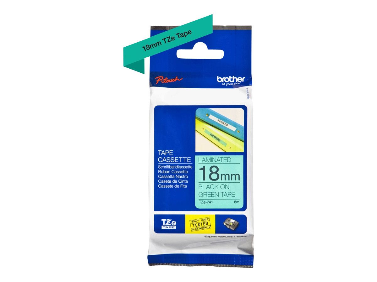 Brother TZe-741 - Standard-Klebstoff - Schwarz auf Grün - Rolle (1,8 cm x 8 m)