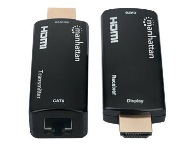 Manhattan 1080p@60Hz Compact HDMI over Ethernet Extender Kit, Extends Distances of Signal up to 60m with a Single Cat6 Ethernet Cable, Transmitter and Receiver included, Power over Cable, Ultra Slim Design, Three Year Warranty, Black