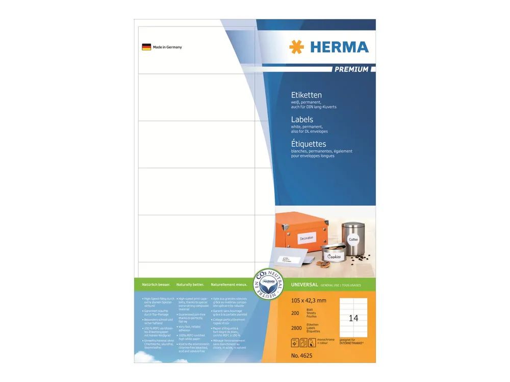 HERMA Premium - Papier - matt - permanent selbstklebend - weiß - 105 x 42.3 mm 2800 Etikett(en) (200 Bogen x 14)