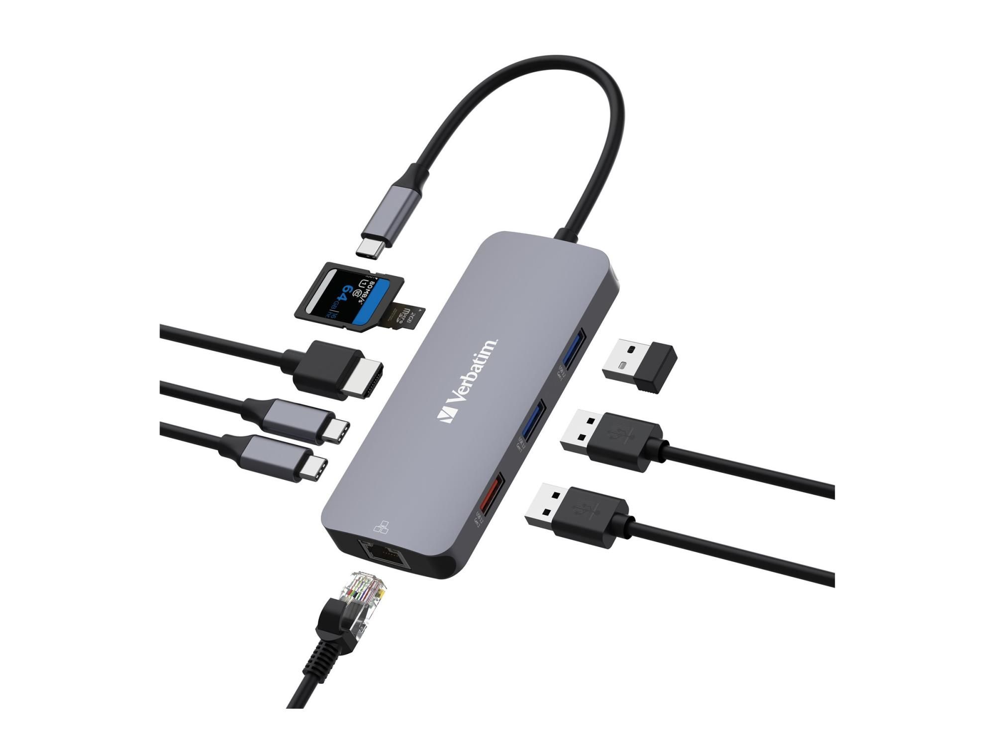 Verbatim CMH 09 - Hub - 1 x HDMI + 2 x USB-C 3.2 Gen 2 + 3 x USB 3.2 Gen 1 + 1 x 1 Gigabit Ethernet