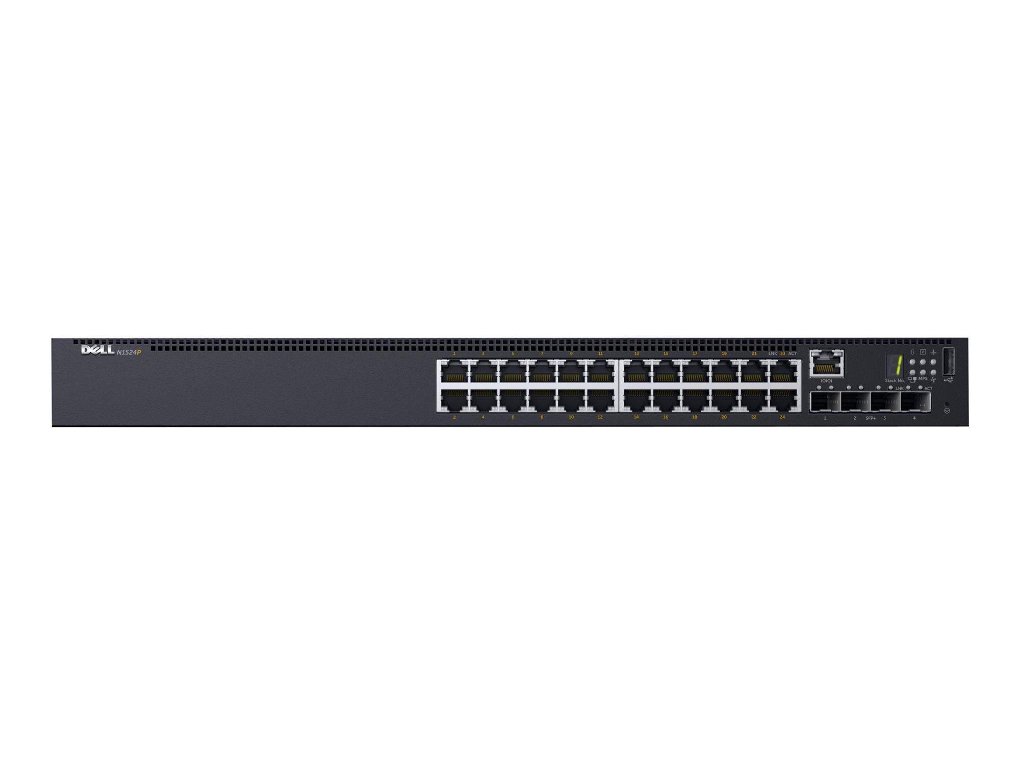 Dell Networking N1524P - Switch - L2+ - managed - 24 x 10/100/1000 + 4 x 10 Gigabit SFP+ - Luftstrom von vorne nach hinten - an Rack montierbar - PoE+ (30.8 W)