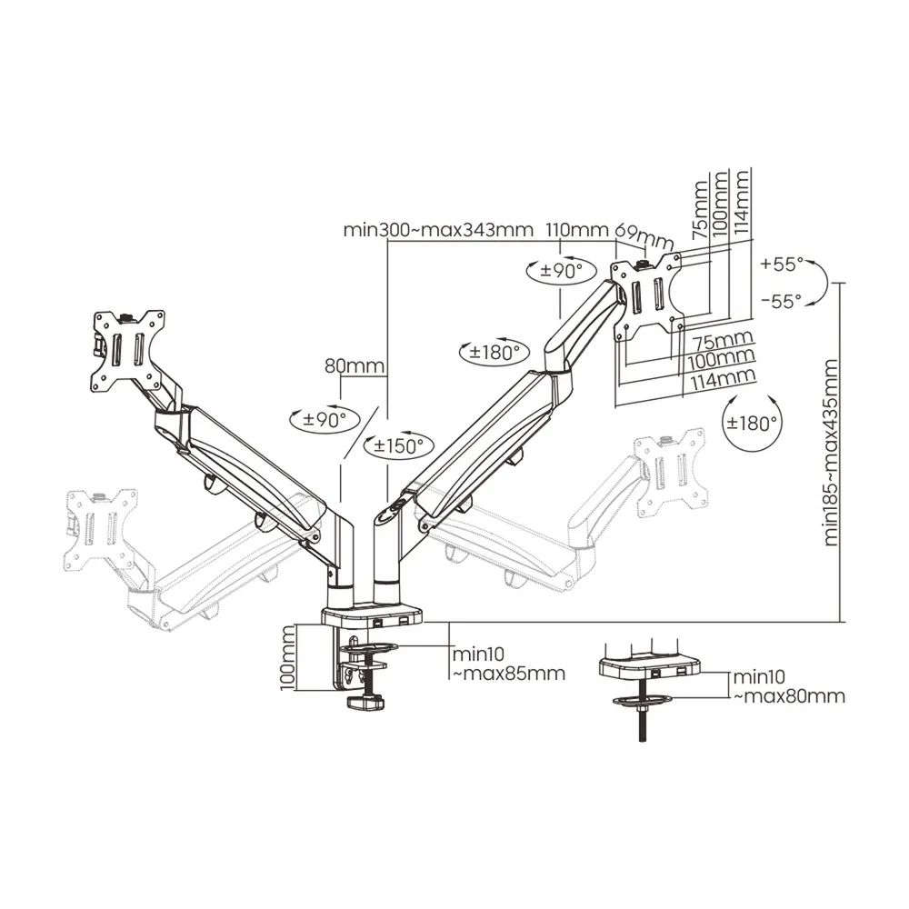 VALUE LCD-Doppelarm, Tischmontage, Platzsparend, Springfeder, 6 Gelenke, 17-32 Zoll, bis 2x 9 kg