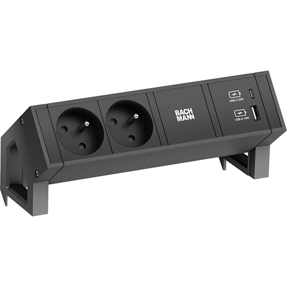 BACHMANN DESK2 2xUTE 1xUSB A/C 22W, GST18 RAL9005, schwarz, 0,2 m