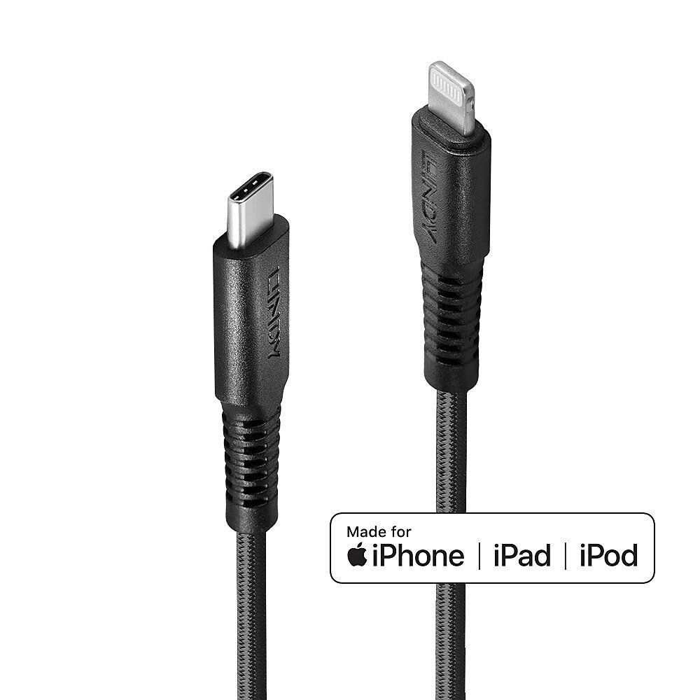 Lindy Lightning-Kabel - 24 pin USB-C männlich zu Lightning männlich - 3 m - abgeschirmt - Schwarz - rund, unterstützt Power Delivery 2,0 - für Apple iPad/iPhone/iPod (Lightning)