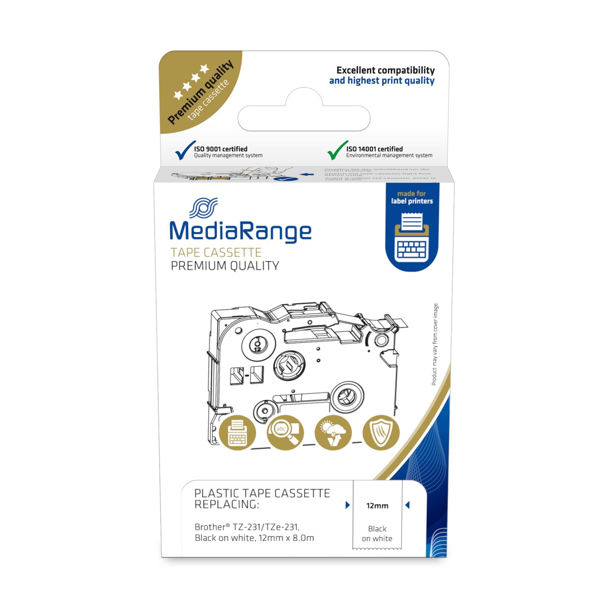 MediaRange Kunststoff Schriftbandkassette 12mm x 8m TZ-231 schwarz auf weiß