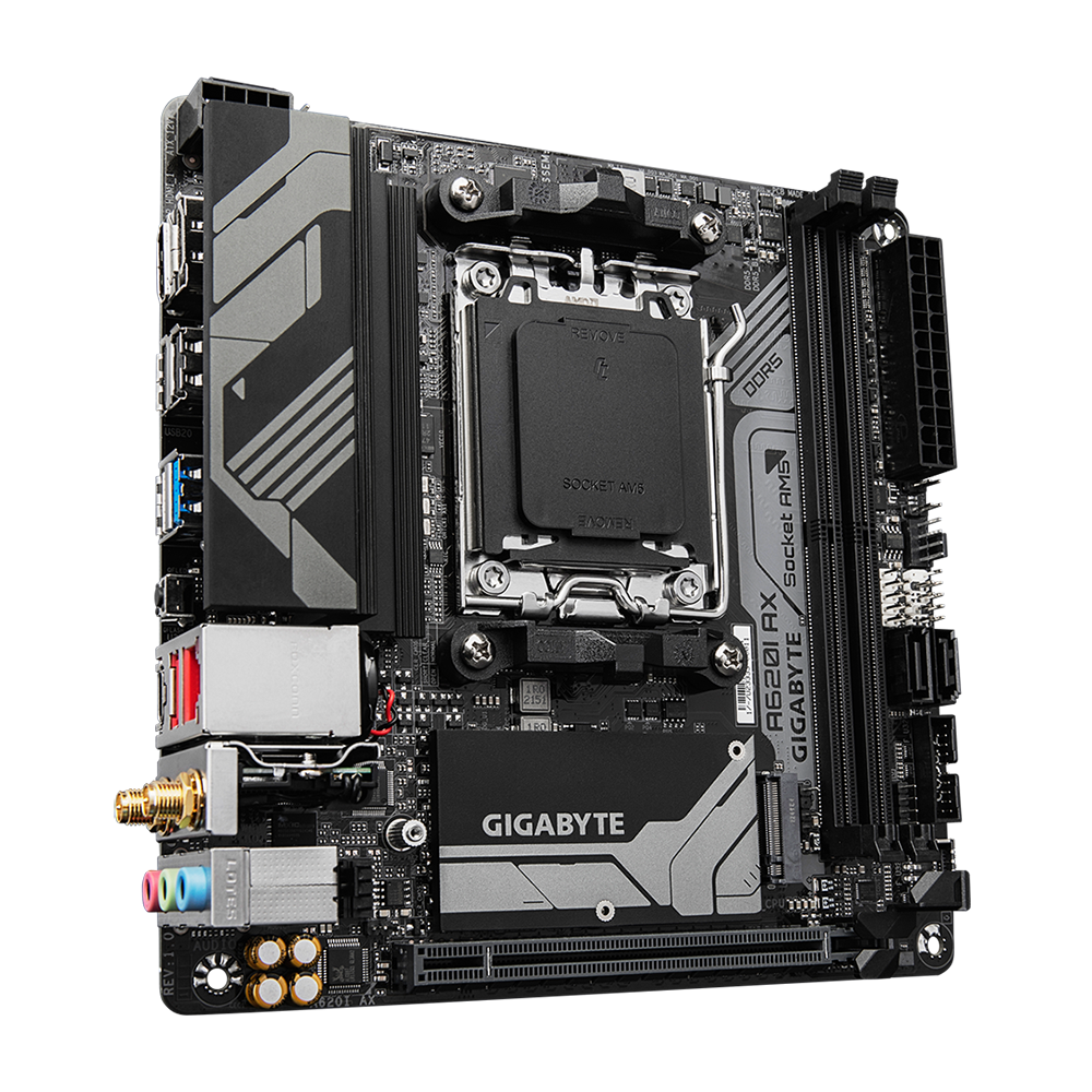 Gigabyte A620I AX - 1.0 - Motherboard - Mini-ITX - Socket AM5 - AMD A620 Chipsatz - USB 3.2 Gen 1, USB-C 3.2 Gen 1, USB 3.2 Gen 2 - 2.5 Gigabit LAN, Wi-Fi 6E, Bluetooth - Onboard-Grafik (CPU erforderlich)