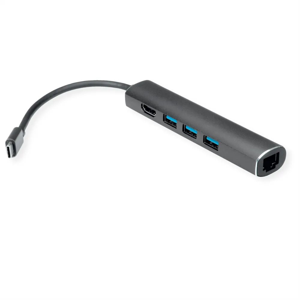 VALUE USB Typ C Dockingstation, HDMI 4K, 3x USB Typ A, Gigabit Ethernet, grau