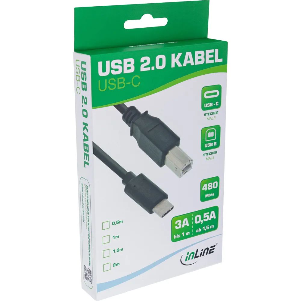 InLine USB 2.0 Kabel - USB-C Stecker an USB-B Stecker - schwarz - 0,5m