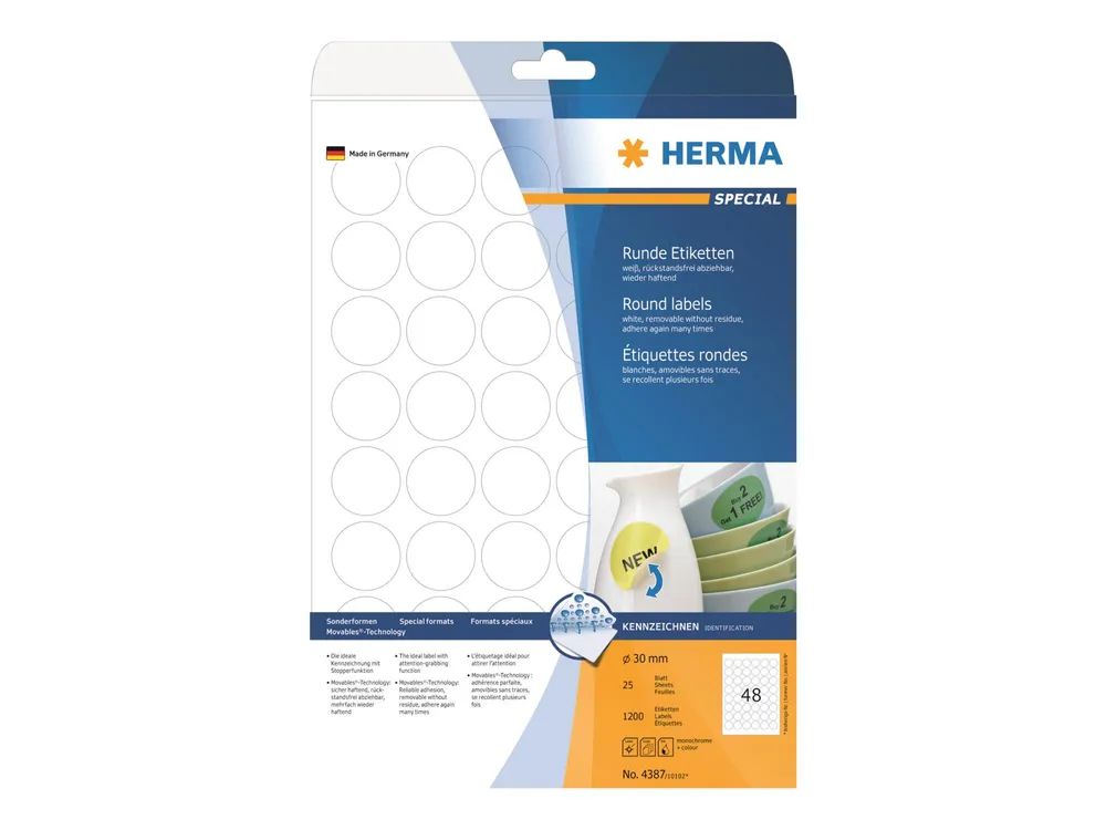 HERMA Special - Papier - matt - selbstklebend, entfernbarer Klebstoff - weiß - 30 mm rund 1200 Etikett(en) (25 Bogen x 48)