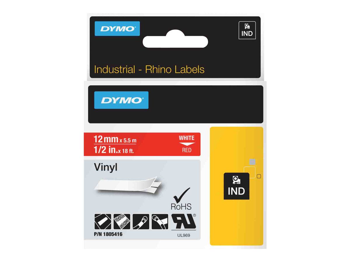 Dymo Rhino - Vinyl - permanenter Klebstoff - Weiß auf Rot - Rolle (1,2 cm x 5,5 m)