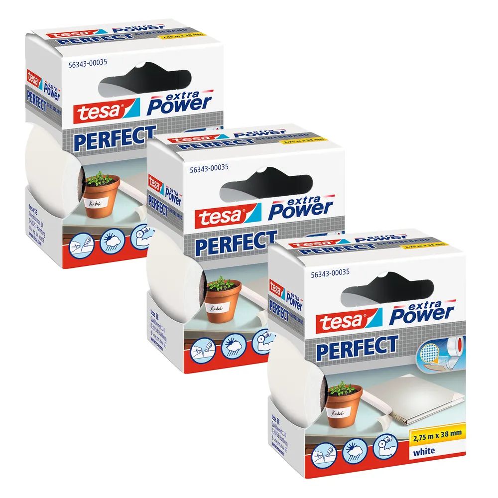 tesa® EXTRA POWER PERFECT Gewebeband weiß, Dreierpack, Ductape