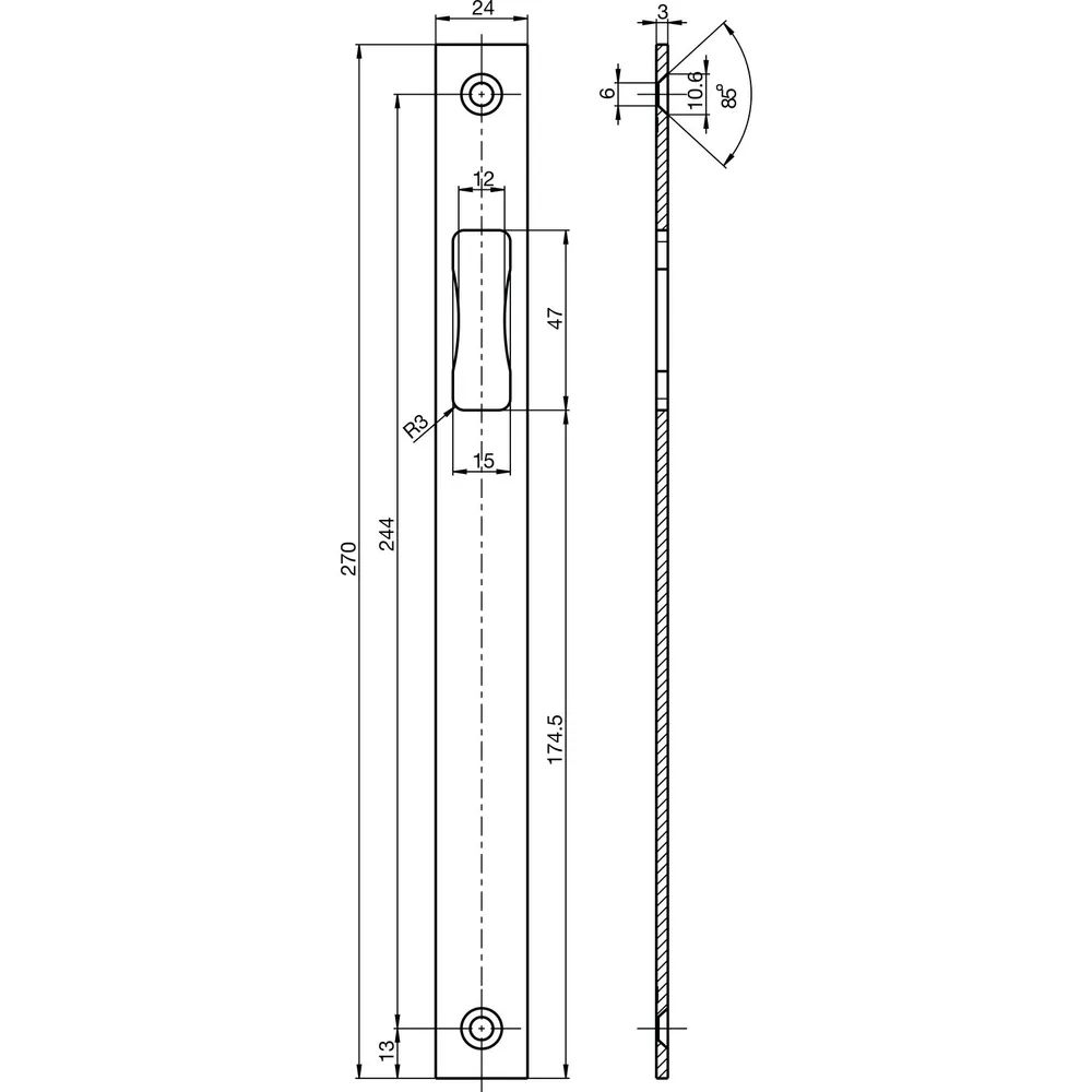 BKS Schließblech B 9000 1046, 270 x 24 mm, nur Falle, flach eckig