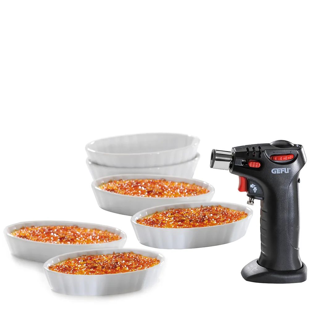 GEFU Crème Brûlée Set CARMELLO, 5 + 2-tlg. 1 Flambierbrenner, 4 + 2 Porzellanschälchen