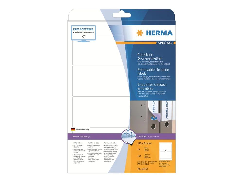 HERMA Special - Papier - matt - selbstklebend, entfernbarer Klebstoff - weiß - 192 x 61 mm 100 Etikett(en) (25 Bogen x 4)