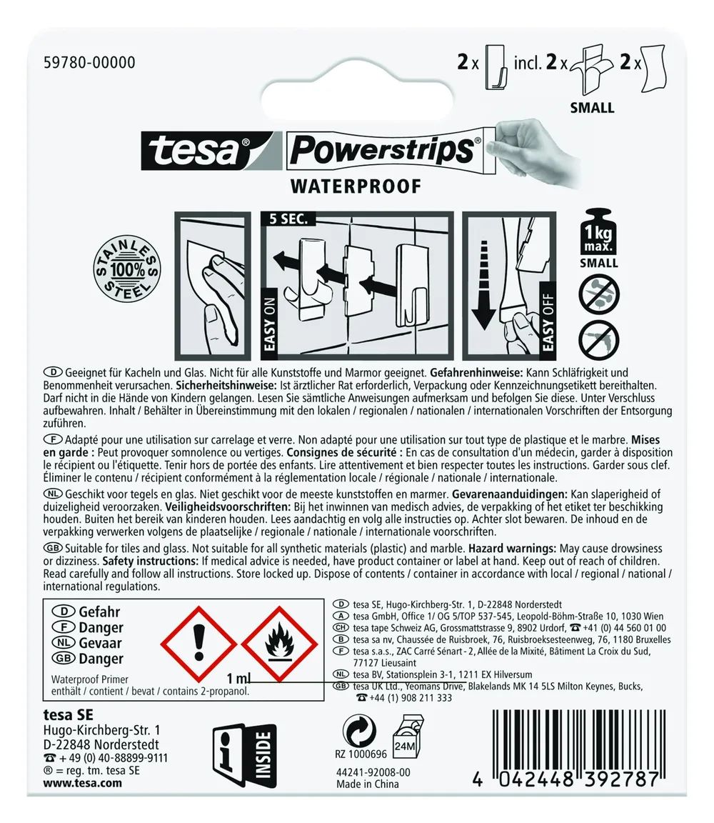 tesa® Powerstrips® Waterproof Haken S Rechteckig, Metalloptik