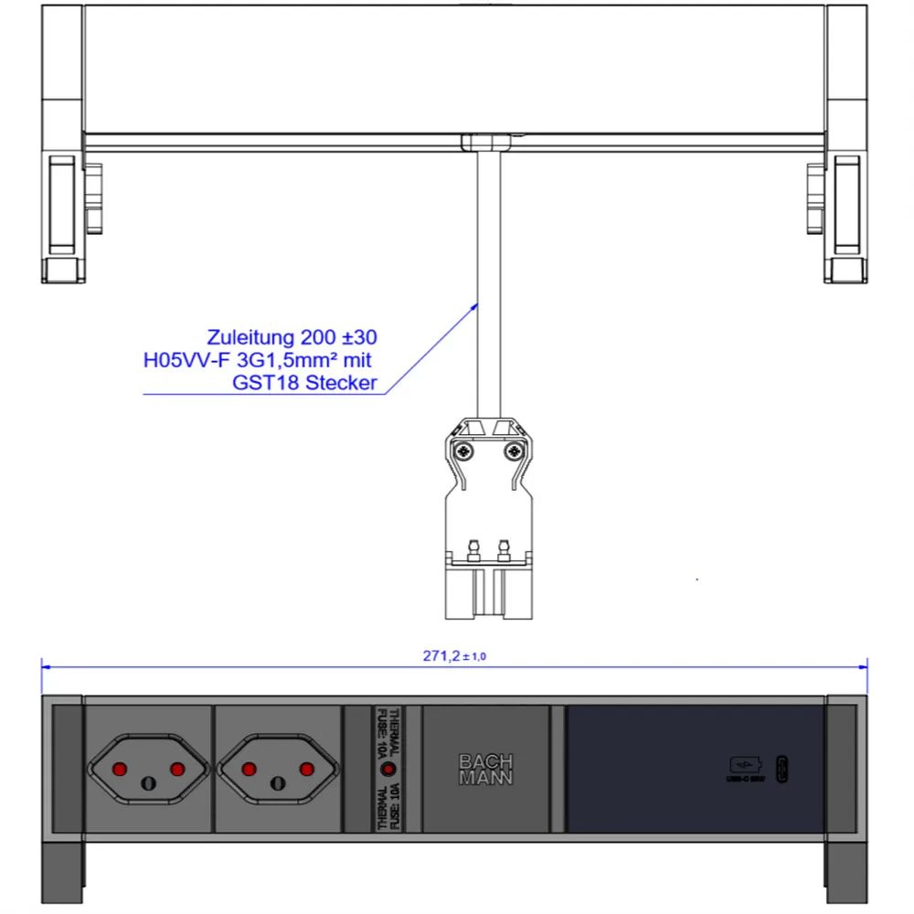 BACHMANN DESK2 2xCH 1xUSB C 60W 0,2m, GST18 RAL9005 Schweiz