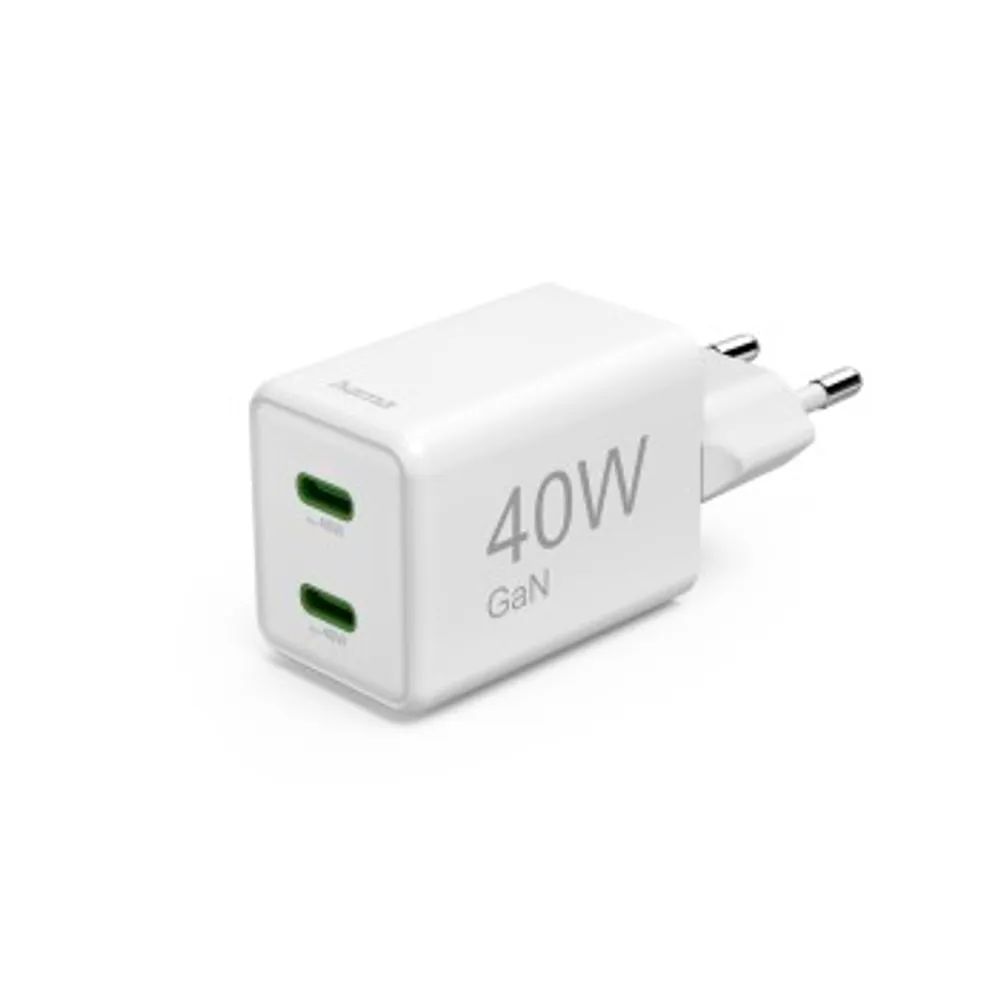 Hama Schnellladegerät, GaN, 2x USB-C, Super-Mini-Ladegerät, PD, 40 W, Weiß