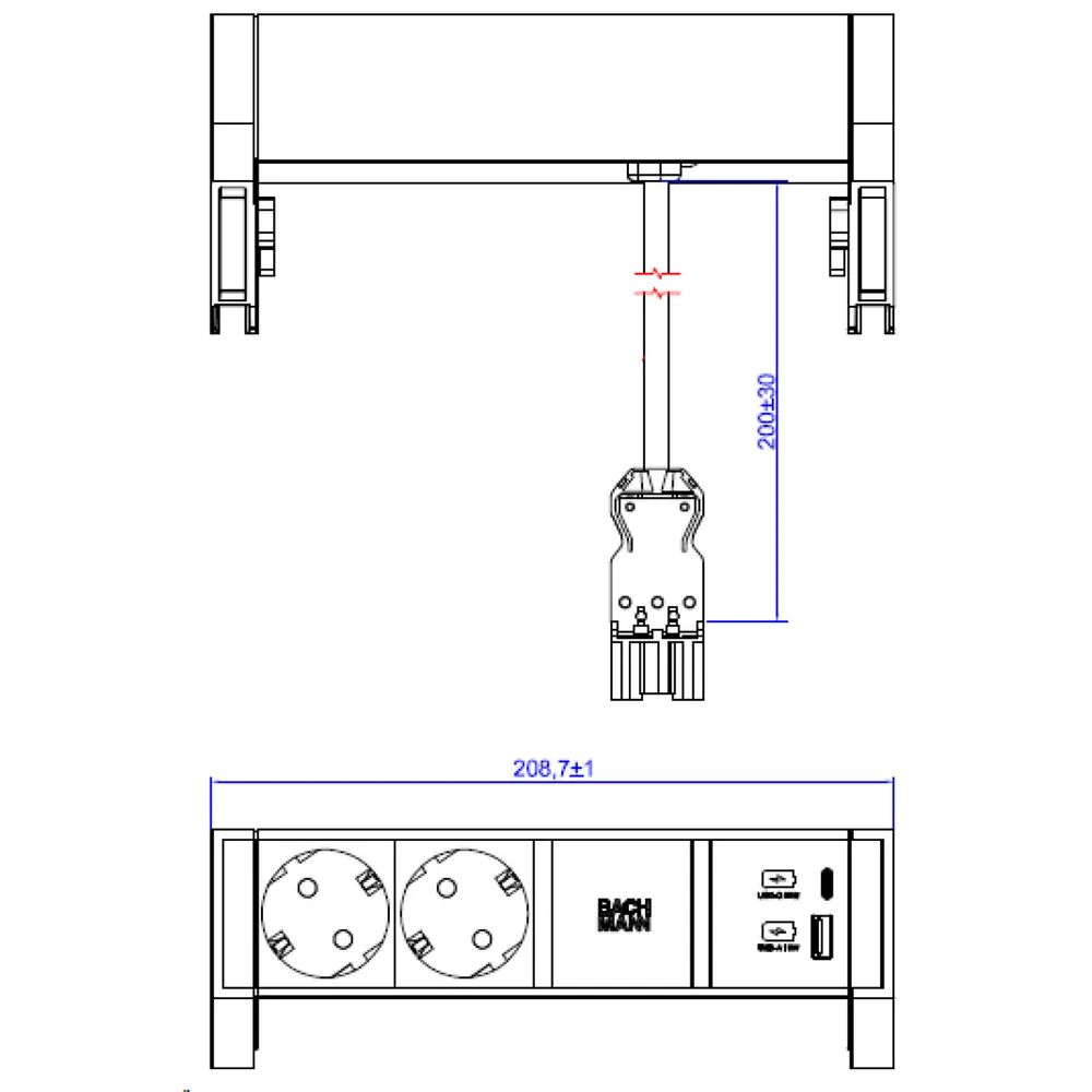 BACHMANN DESK2 ALU WHITE 2xCEE7/3 1xUSB A/C 22W 0,2m GST18