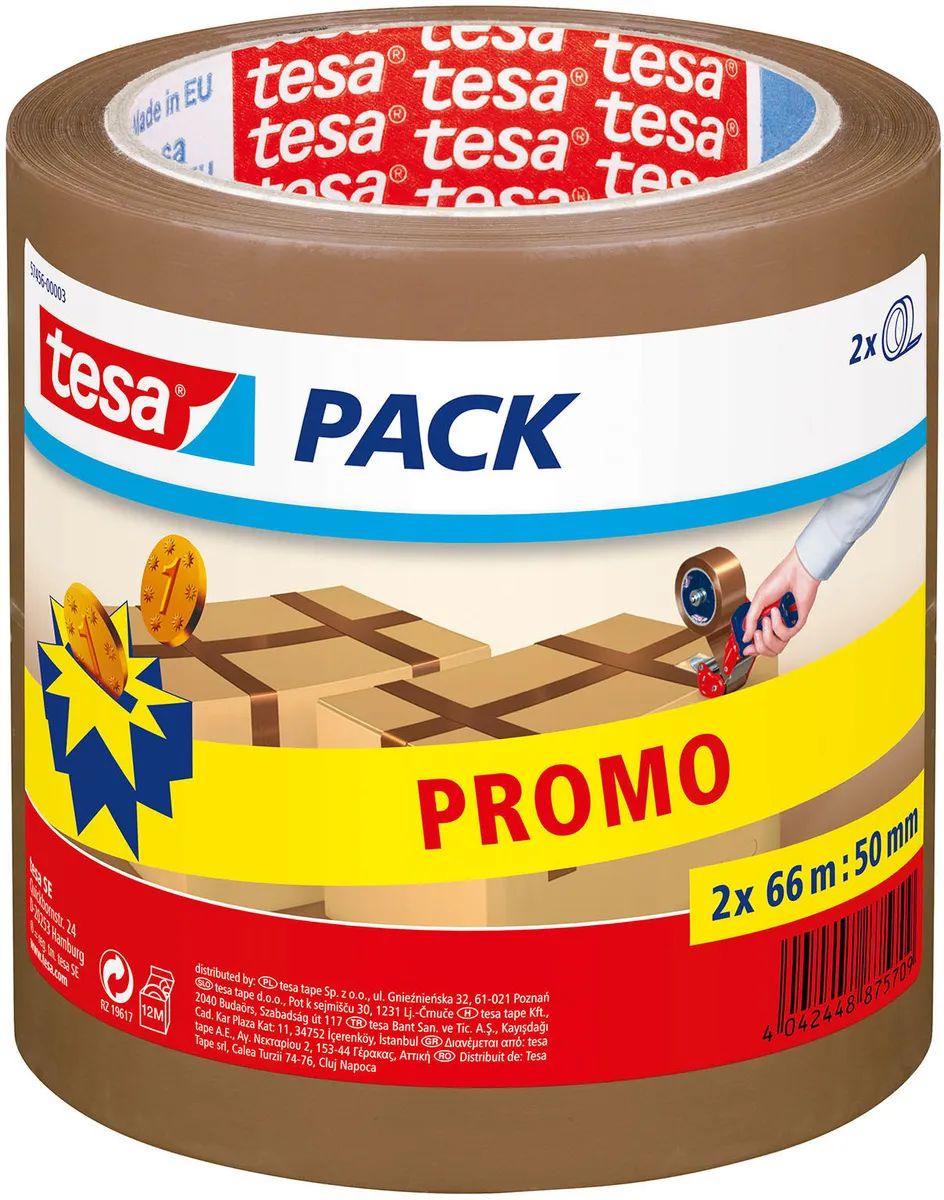 tesa® Tesapack Standard – braun – 2 x 66 m x 50 mm – geräuscharm & lösemittelfrei