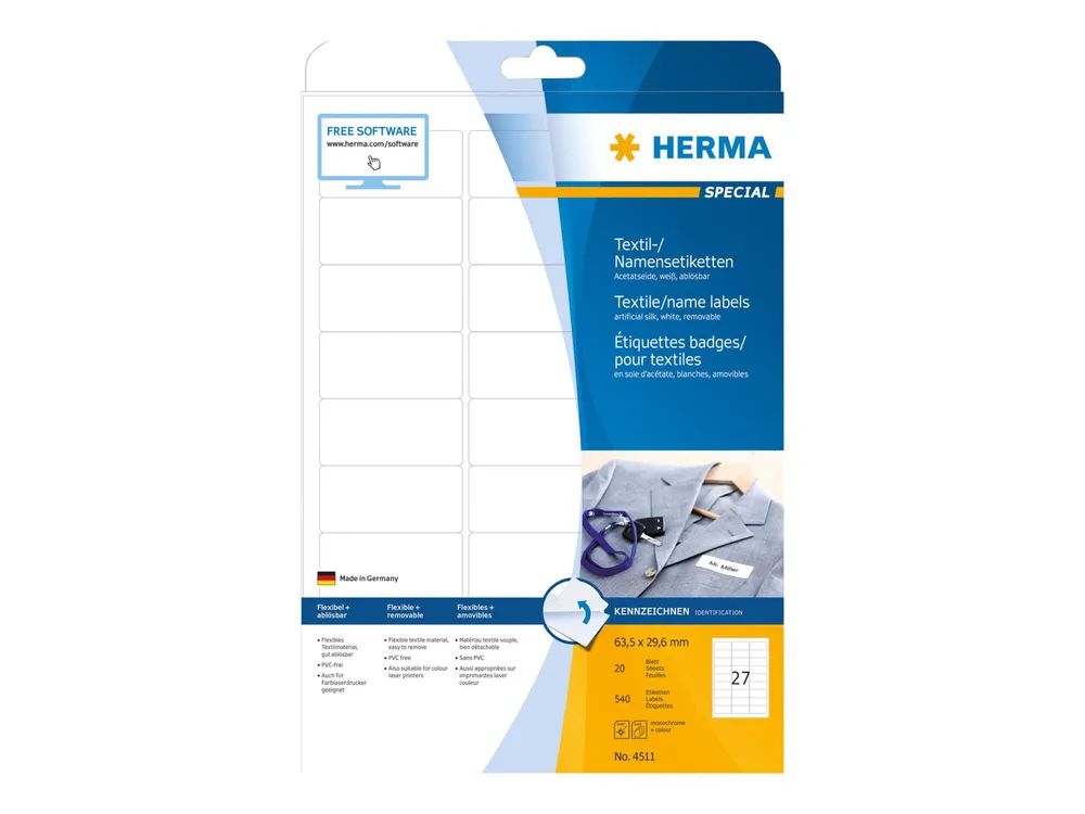 HERMA Special Name labels - Acetatseide - selbstklebend, entfernbarer Klebstoff - weiß - 63.5 x 29.6 mm 540 Etikett(en) (20 Bogen x 27)