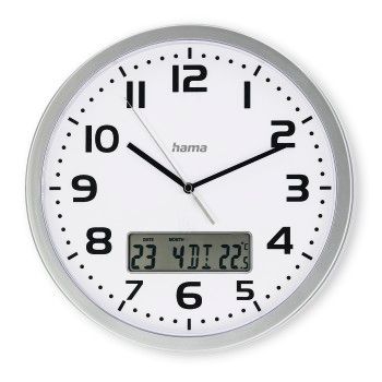 Hama DCF-Funkwanduhr "Moorea" mit Datums- und Temperaturanzeige, Ø 30 cm, Silber