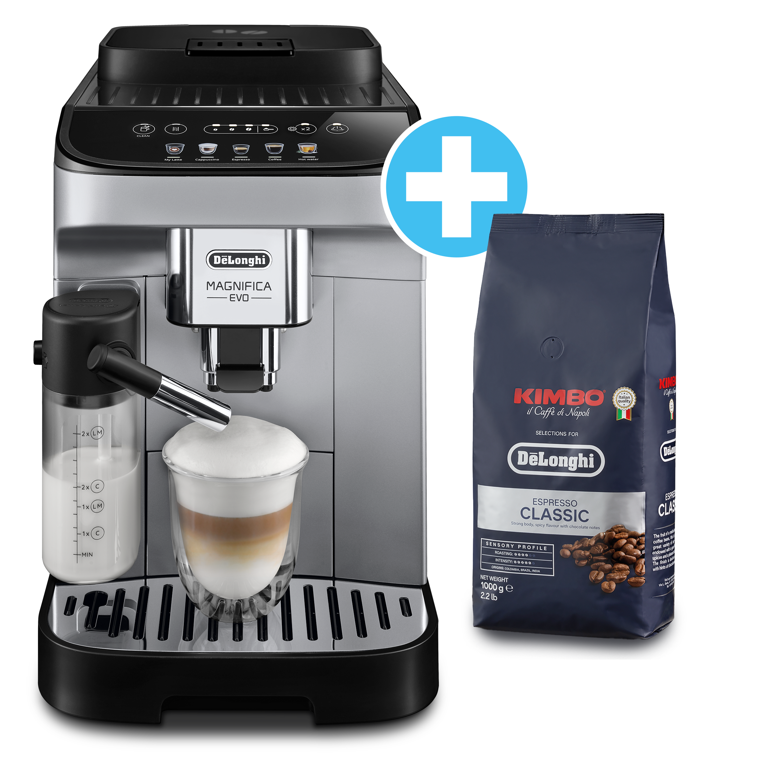 De'Longhi Magnifica Evo Milk ECAM290.61.SB + De'Longhi Kaffeebohnen Kimbo Classic 1 kg DLSC611