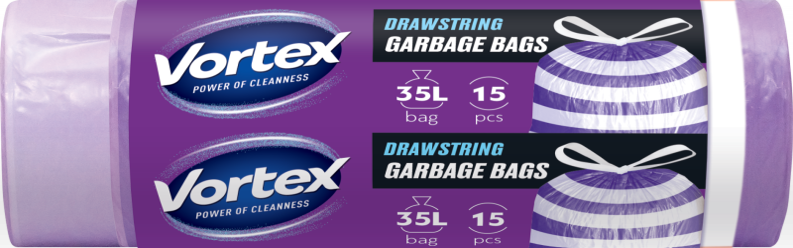 VORTEX Müllbeutel mit Zugband HDPE violett-weiß 35l/15Stk