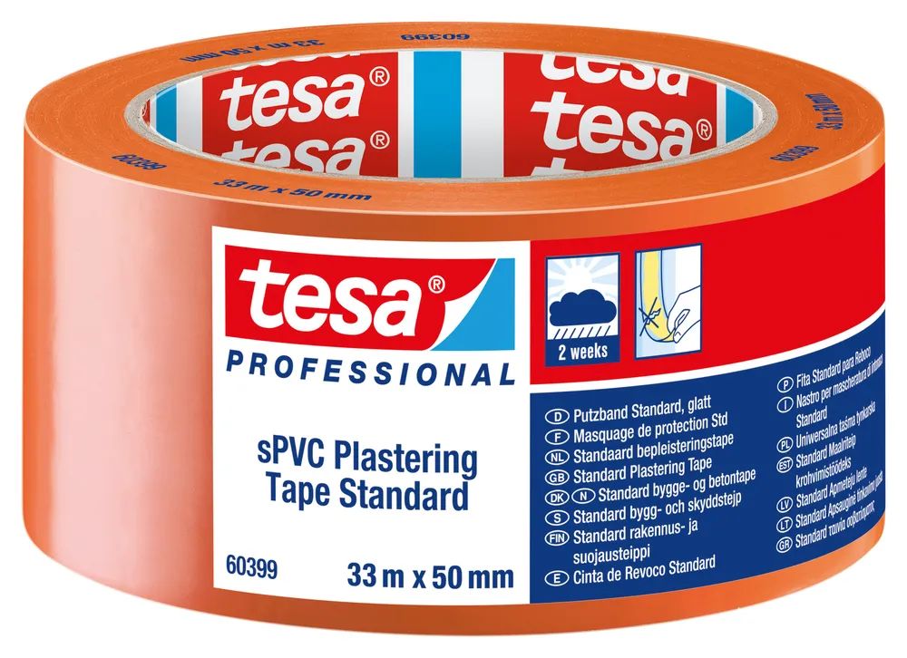tesa® Putzband sPVC Standard Orange 33 m x 50 mm – glatte Oberfläche – für Bau & Handwerk