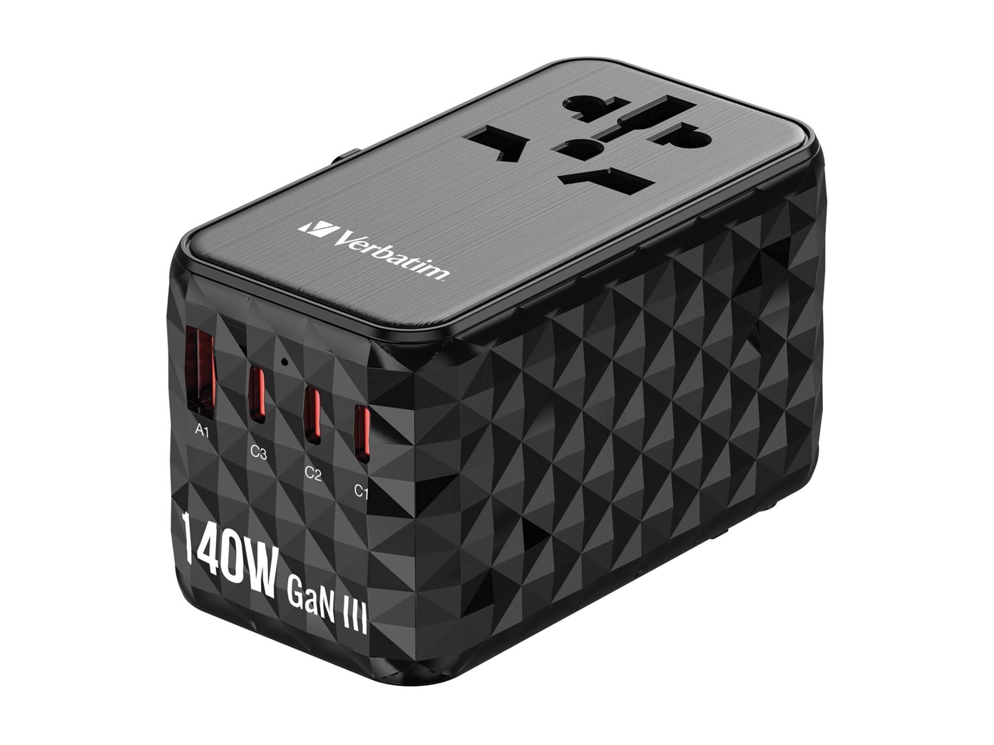 Verbatim UTA-10 - Netzteil - GaN III, Universal - 140 Watt - 10 A - Power Delivery 3.1, PD/PPS, QC 3.0, QC 4.0+, Apple Fast Charge, USB BC 1.2, Fast Charge, PD 3.0, Super Charge - 4 Ausgabeanschlussstellen (3 x USB-C, USB)