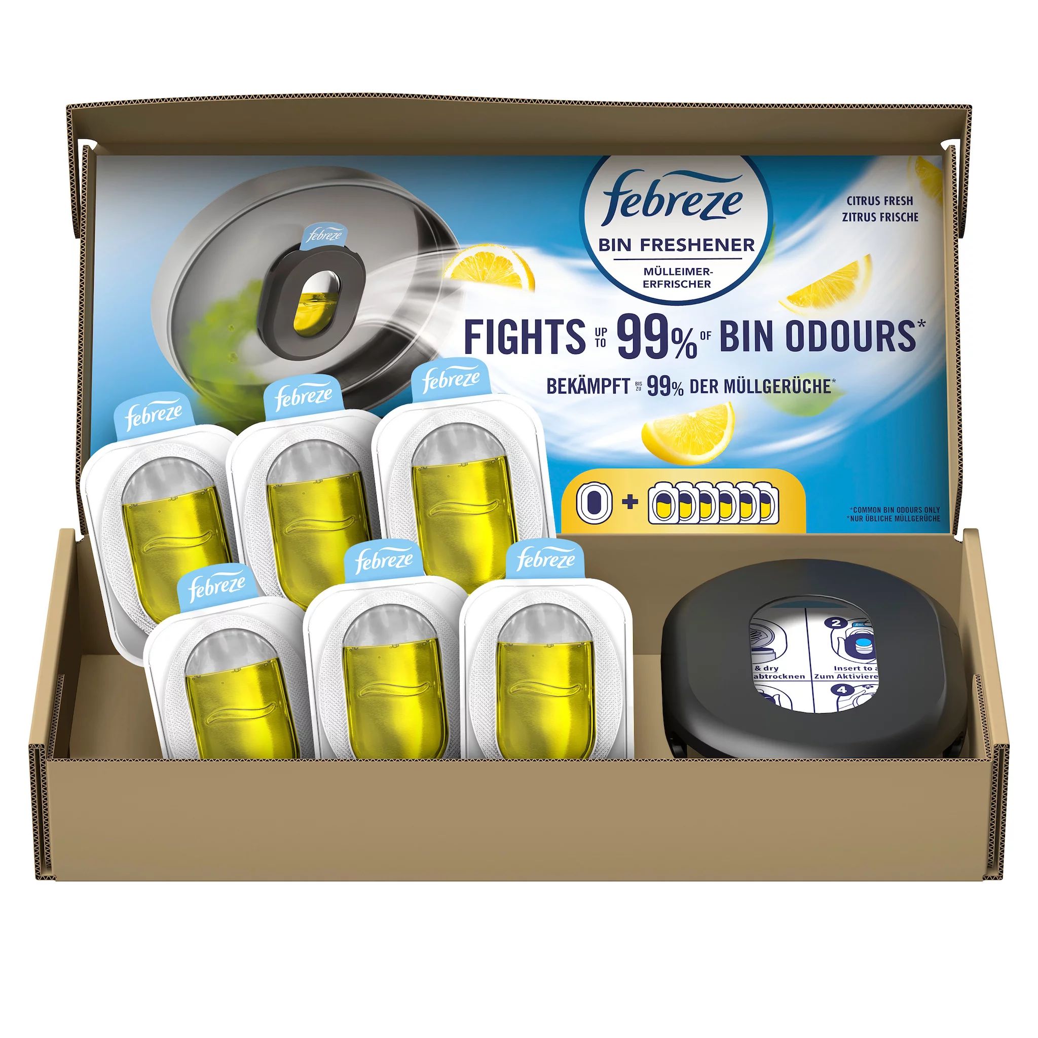 Febreze Mülleimererfrischer Starterkit + 6er Zitrusfrische Ecom