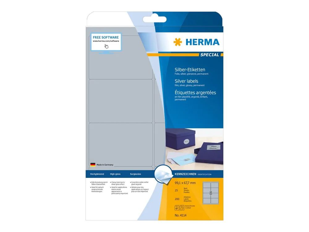 HERMA Special - Polyester - glänzend - permanent selbstklebend - Silber - 99.1 x 67.7 mm 200 Etikett(en) (25 Bogen x 8)