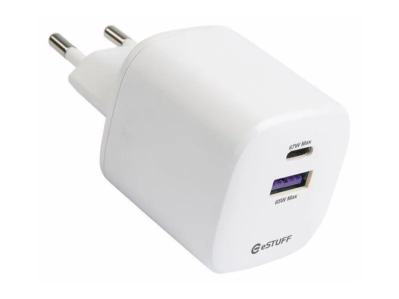 eSTUFF INFINITE - Netzteil - EU, GaN, 100 % recycelter Kunststoff - 67 Watt - 3.35 A - PD, SuperVOOC - 2 Ausgabeanschlussstellen (USB Typ A, 24 pin USB-C)