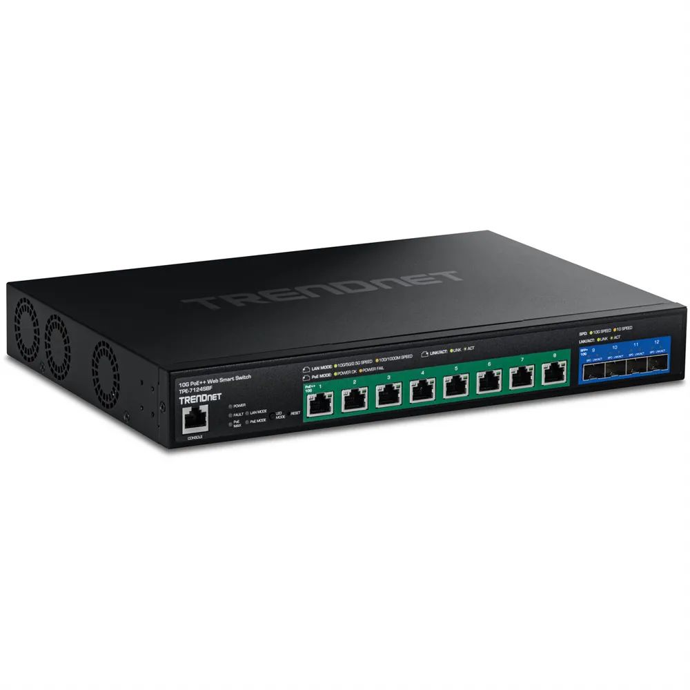 TRENDnet TPE-7124SBF - Version v1.0R - Switch - web - Smart - 8 x 10 Gigabit Ethernet + 4 x 10 Gigabit SFP+ - an Rack montierbar - PoE++ (720 W)