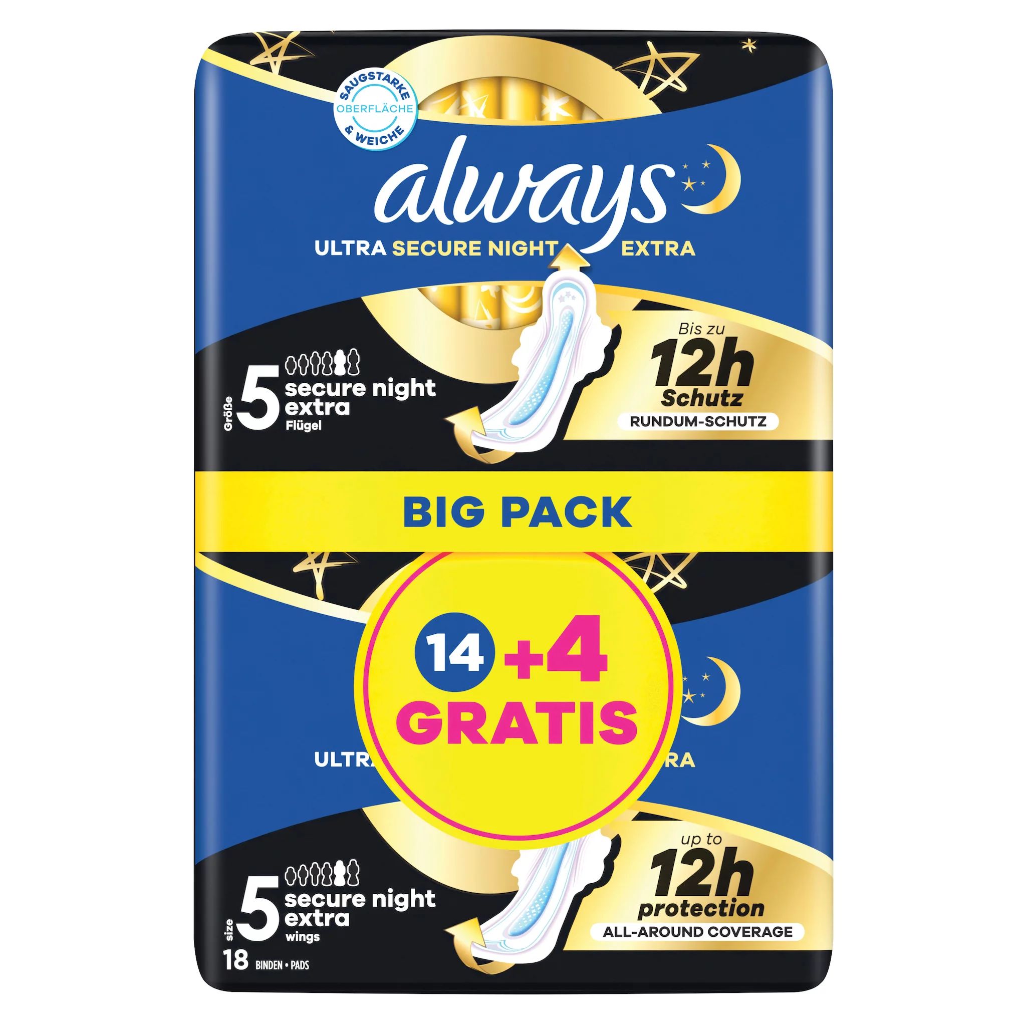 always Ultra Binde Secure Night Extra mit Flügeln BigPack 14+4 GRATIS