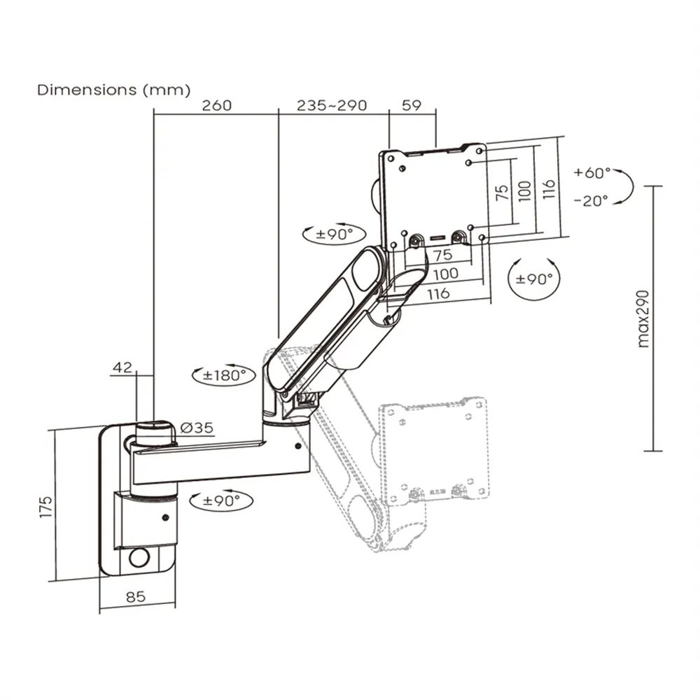 ROLINE LCD-Monitorhalterung mit Gasfeder, Wandmontage, hochbelastbar bis 27kg, 