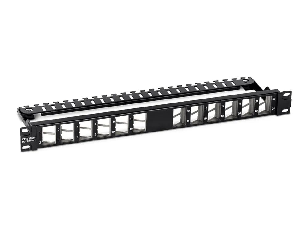 TRENDnet TC-KP24SA - Patch Panel - abgewinkeltes geschirmtes Keystone-Patchpanel - Rack montierbar - CAT 6a - Schwarz - 1U - 48.3 cm (19")