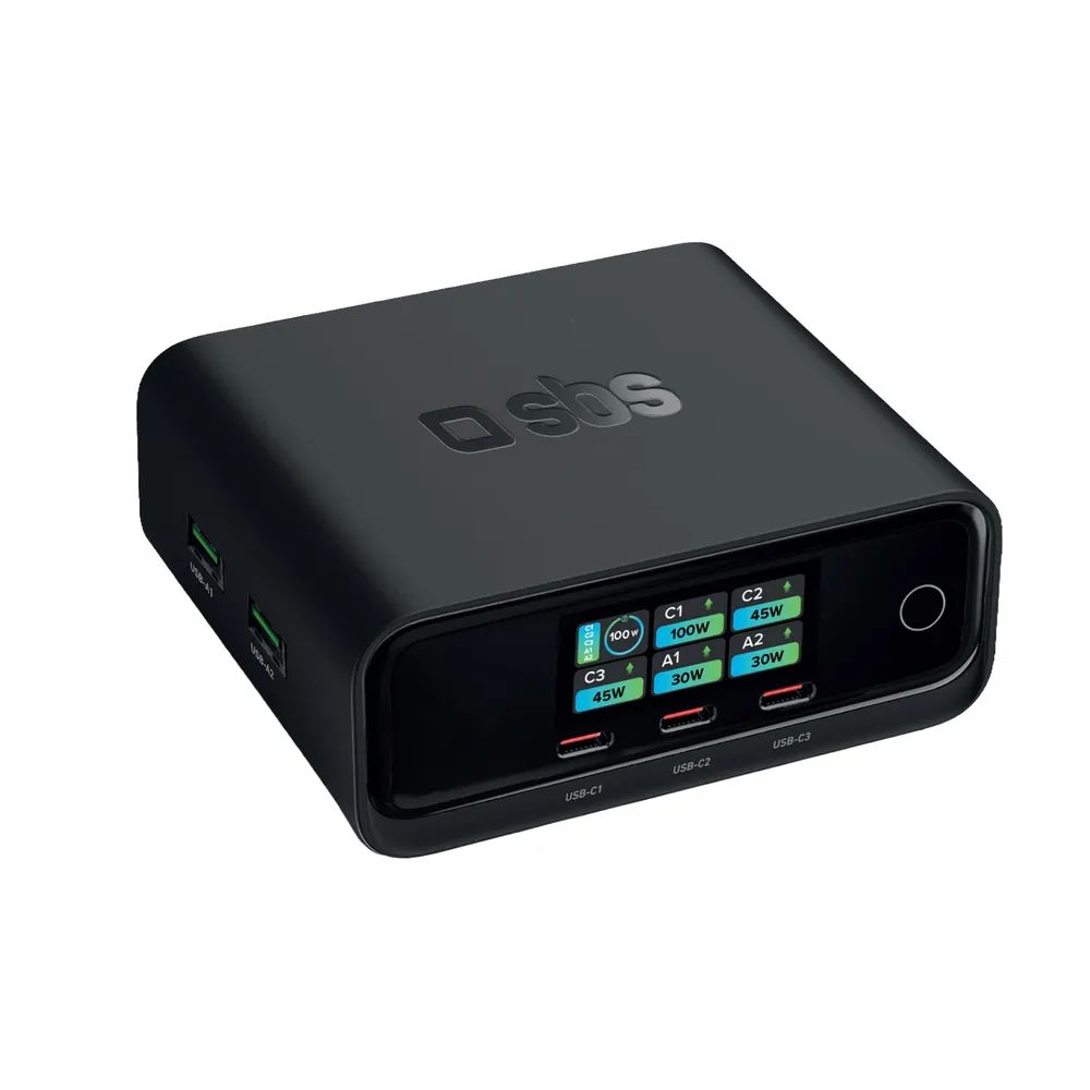 SBS GaN Ladestation, 3x USB-C PD & 2x USB-A, 100W, mit LCD Anzeige