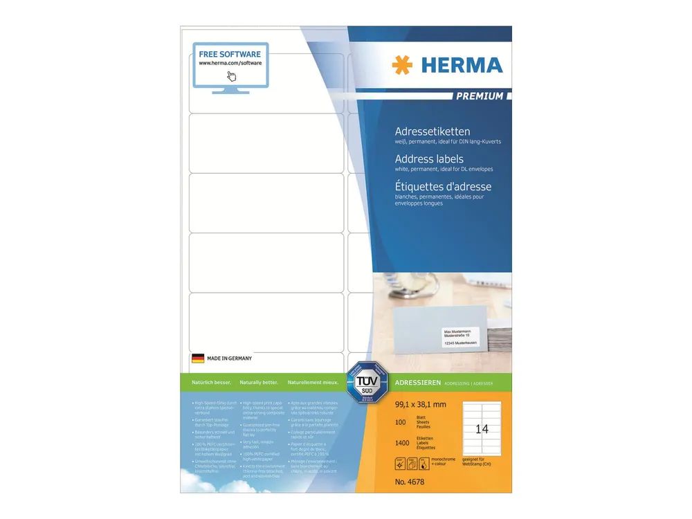 HERMA Premium - Papier - matt - permanent selbstklebend - weiß - 99.1 x 38.1 mm 1400 Etikett(en) (100 Bogen x 14)