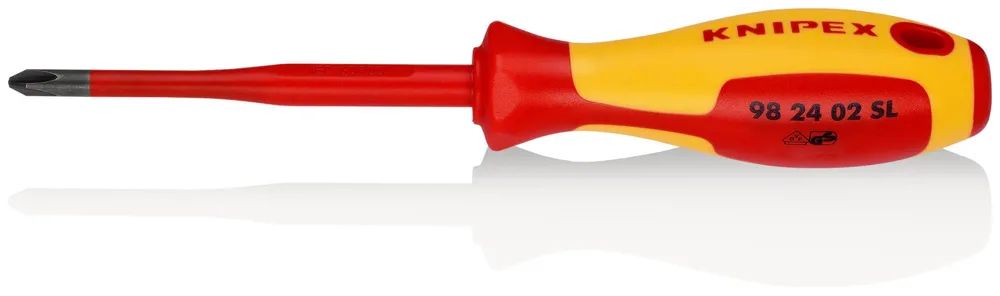 KNIPEX Schraubendreher (Slim) für Kreuzschlitzschrauben Phillips® isolierender Mehrkomponenten-Griff, VDE-geprüft brüniert 212 mm