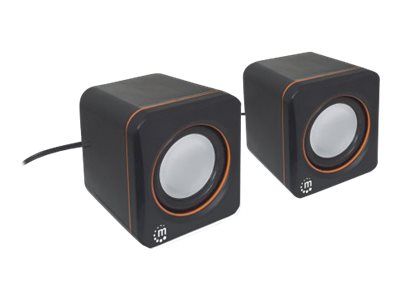 Manhattan 2600 Series Speaker System, Small Size, Big Sound, Two Speakers, Stereo, USB power, Output: 2x 3W, 3.5mm plug for sound, In-Line volume control, Cable 0.9m, Black, Three Year Warranty, Box