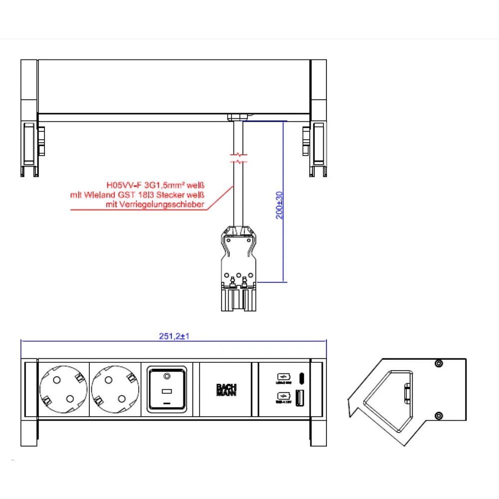 BACHMANN DESK2 white 2xCEE7/3 1xUSB A/C 22W 0,2m GST18
